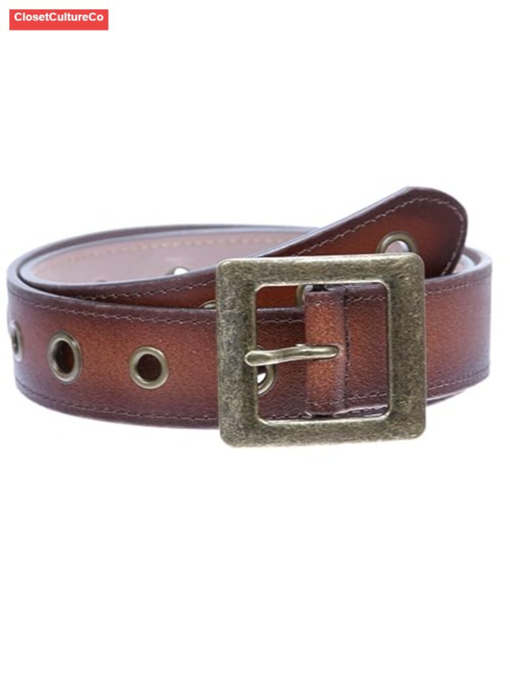 Vintage Distressed Leather Jean Belt Square Buckle Grommets
